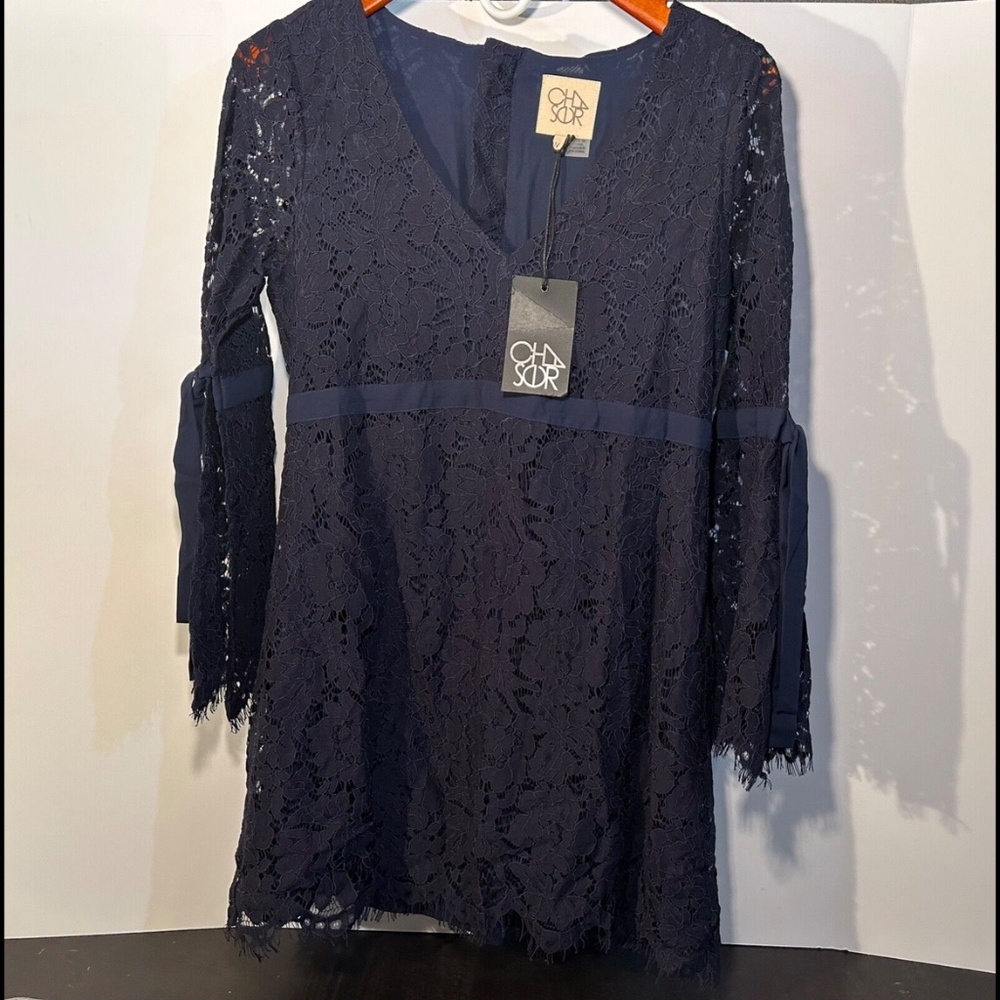 Chaser Lace V-Neck Bell Sleeves with Ties Boho Dress Blue/Blueberry Size M